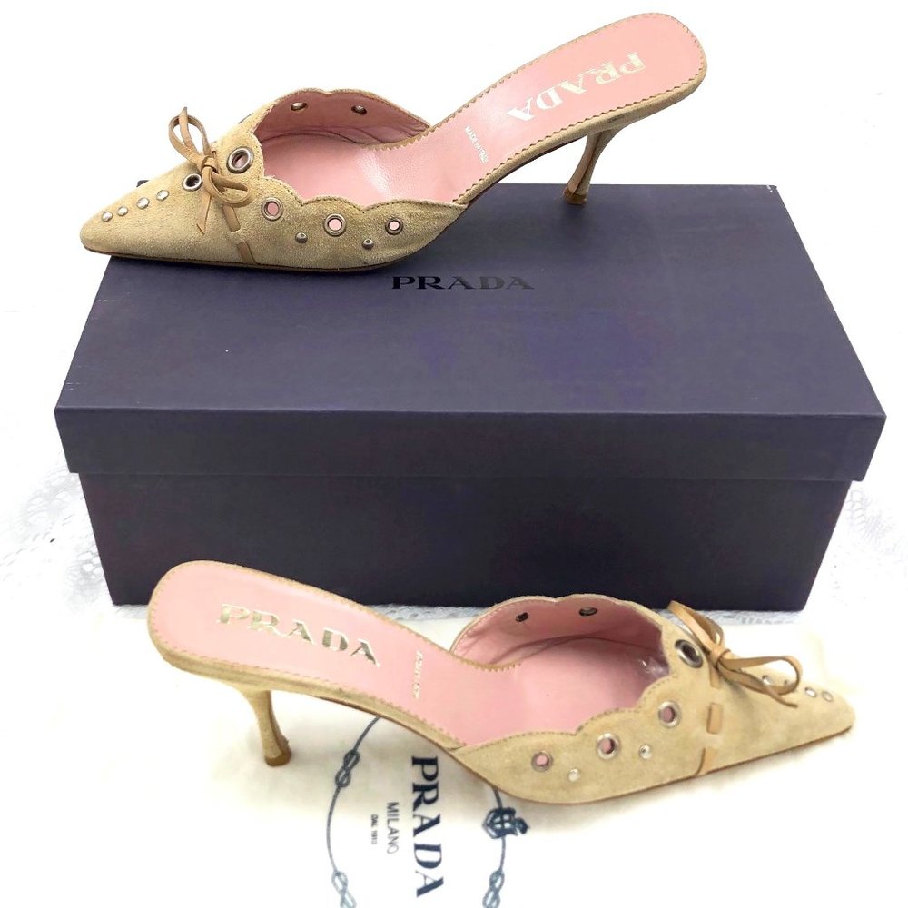 PRADA Vintage Suede Leather Kitten Heel Sandals